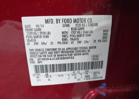 2014 Ford Edge Sel из США, поврежденный, VIN 2FMDK4JC2EBB09752